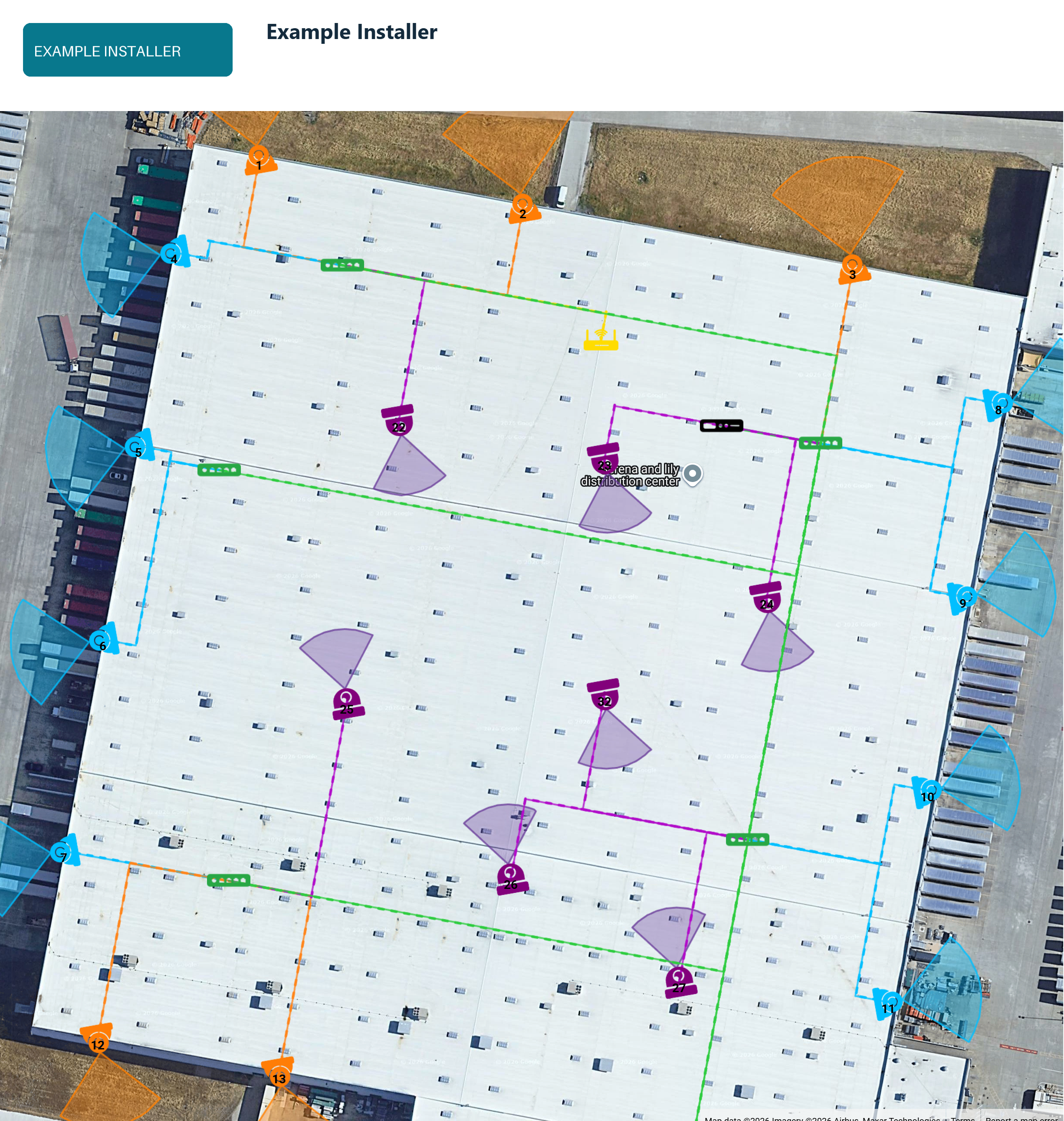 Actual CCTV Mapper detail of a proposed commercial warehouse installation with exterior turret cameras, indoor domes and routed network cabling