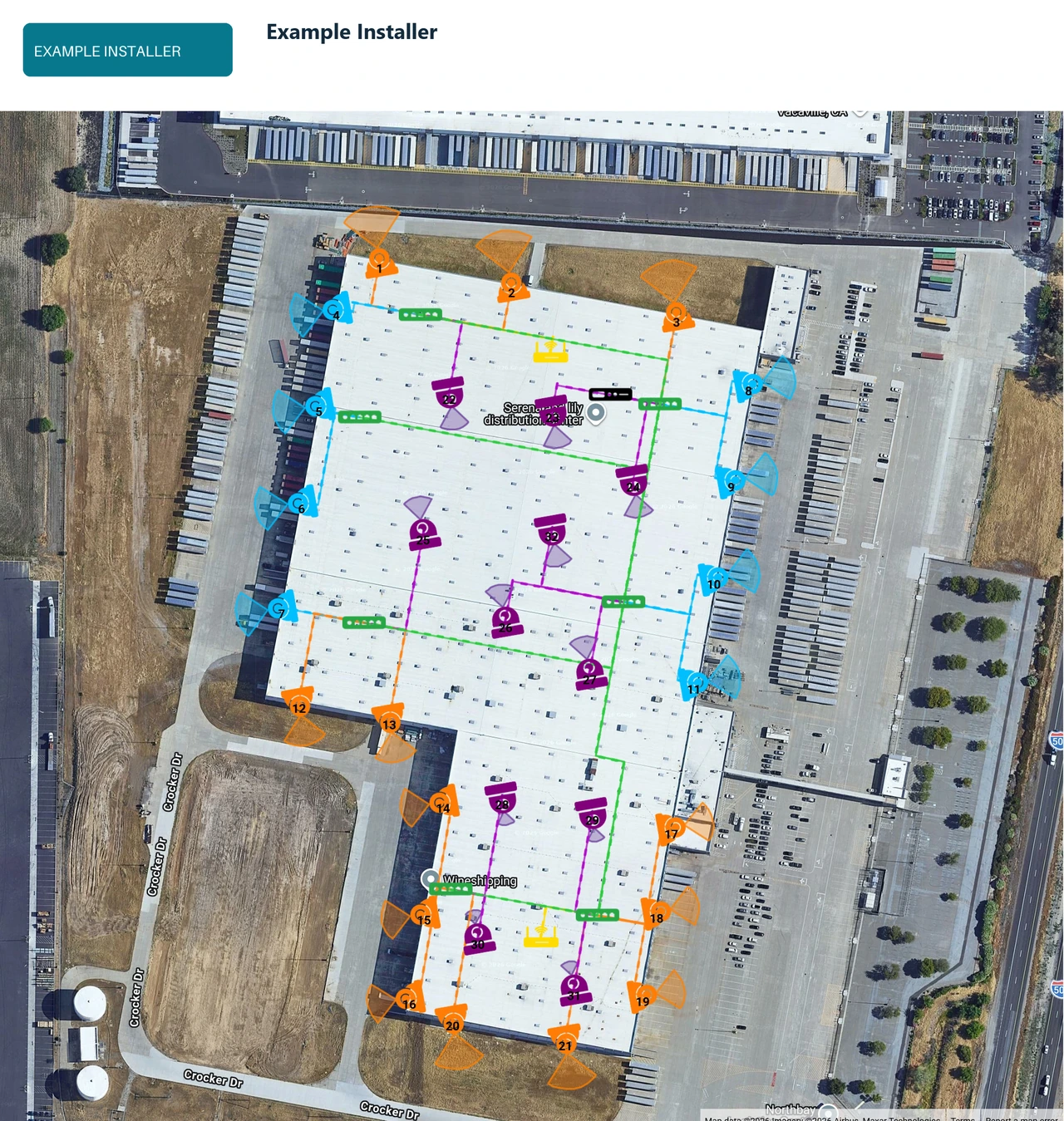Actual CCTV Mapper branded export of a proposed California distribution-center installation with 32 cameras, PoE zones, one 32-channel NVR, access points and routed cabling