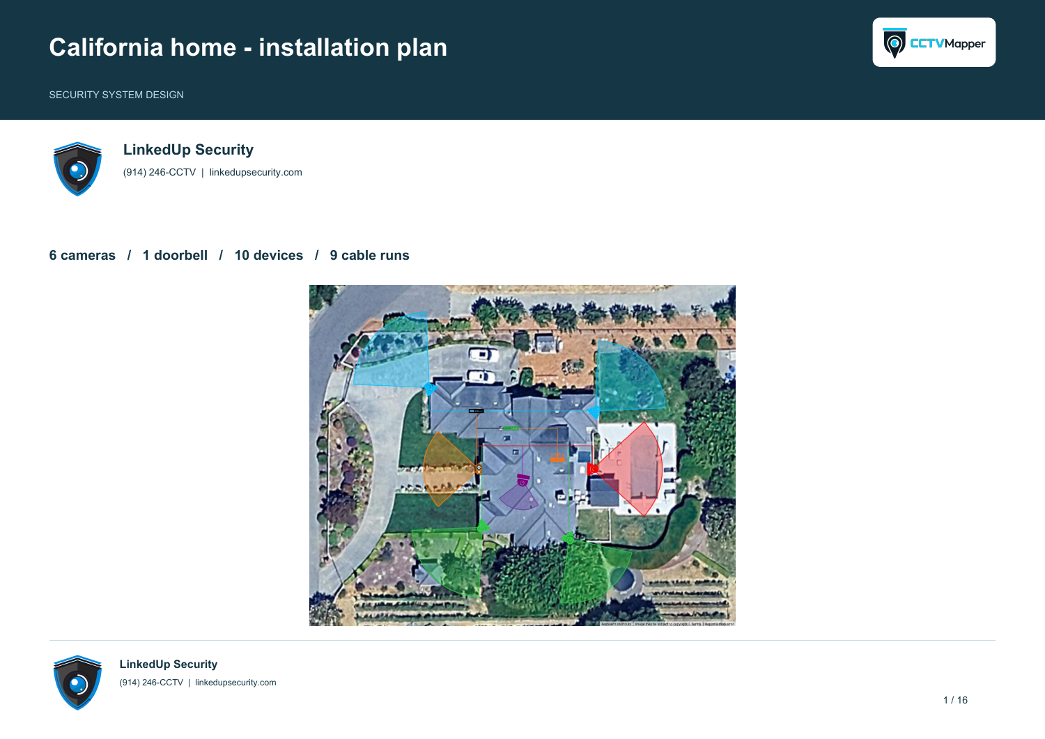 Current CCTV Mapper PDF export of the California installation plan with LinkedUp Security branding