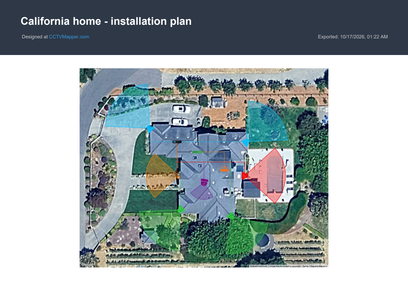 Actual CCTV Mapper exported PDF cover showing the California installation plan