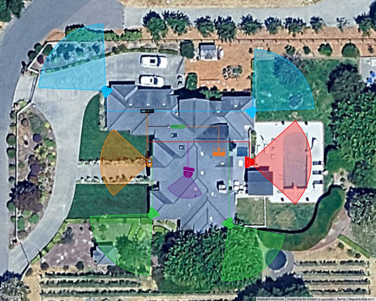 Example house layout with cyan approach cameras, green south-side cameras, a red pool camera, purple indoor camera, orange doorbell, NVR, PoE switch, access point and cable routes